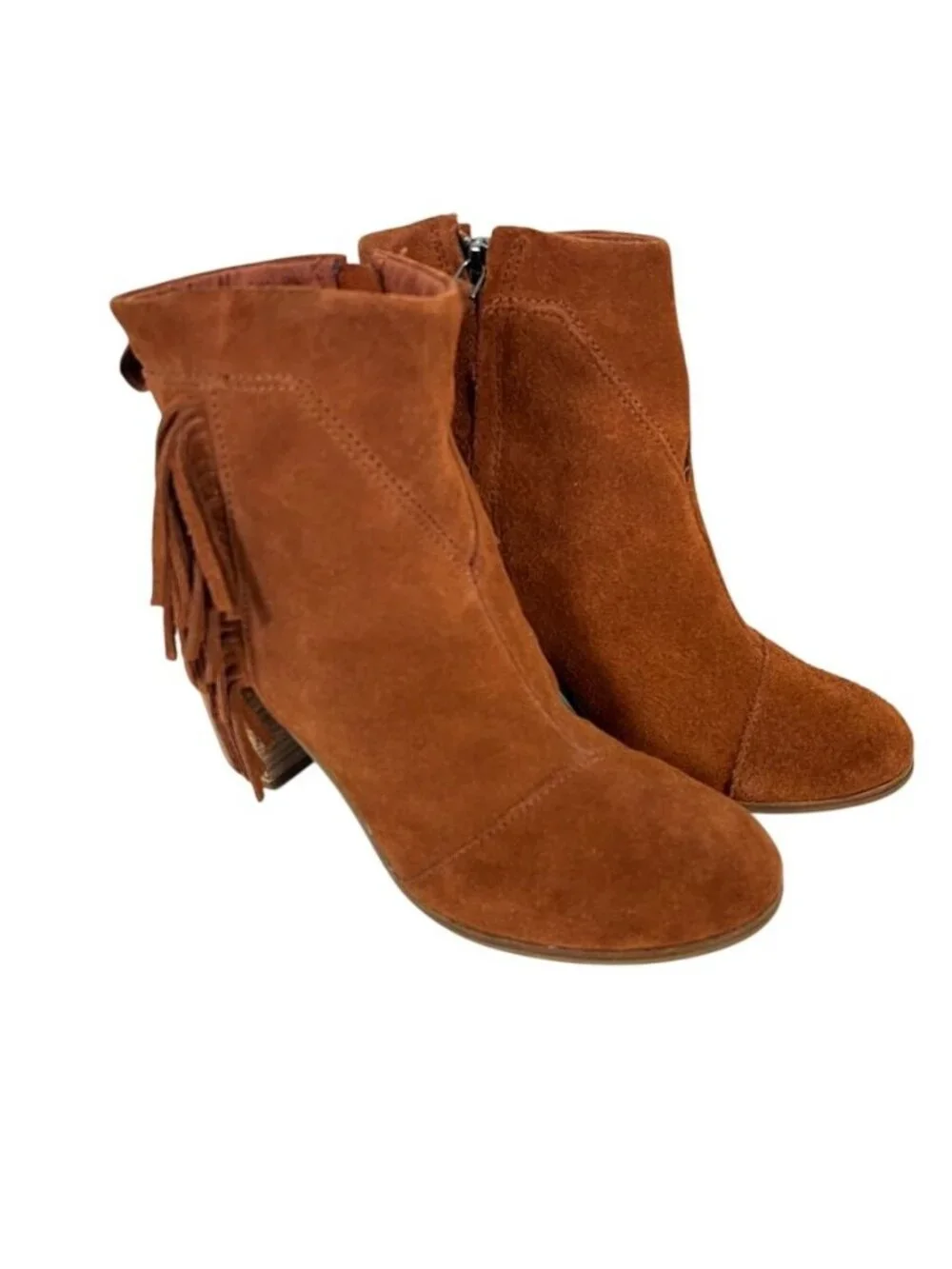 TOMS Women’s Brown Suede Fringe Ankle Boots Block Heel Western Boho Sz 8.5